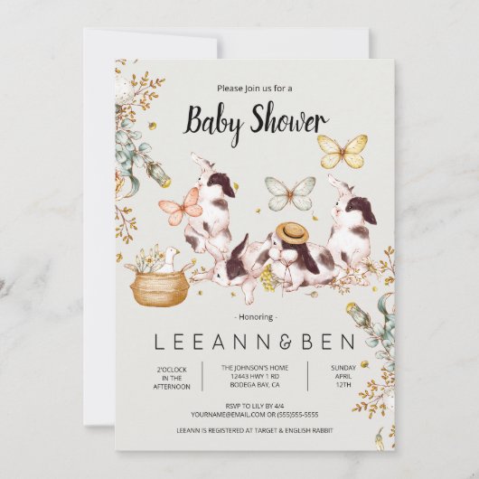 Baby Bunnies Rustic Country Baby shower Invitation Kaart (Voorkant)
