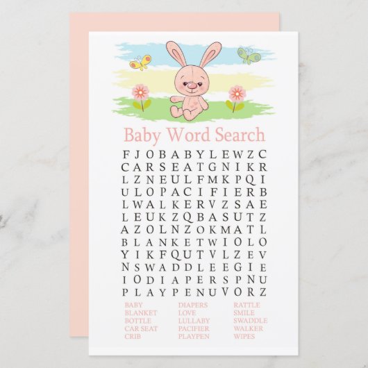 Baby bunny Baby shower Word Search Game (Voorkant / Achterkant)