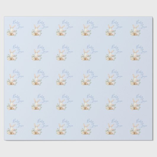 Baby Bunny Boy Blue Script Cute Baby shower Cadeaupapier (Vlak)