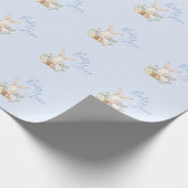 Baby Bunny Boy Blue Script Cute Baby shower Cadeaupapier (Hoek)