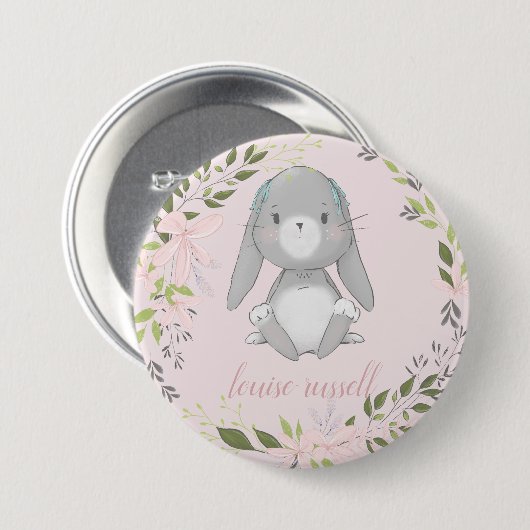 baby bunny floral baby shower ronde button 7,6 cm (Voorkant /achterkant)
