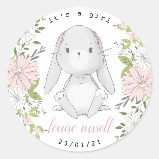baby bunny floral baby shower ronde sticker (Voorkant)