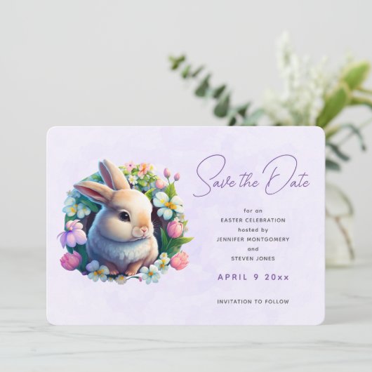 Baby Bunny in de Veerbloemen sparen de Datum Save The Date (Staand voorkant)