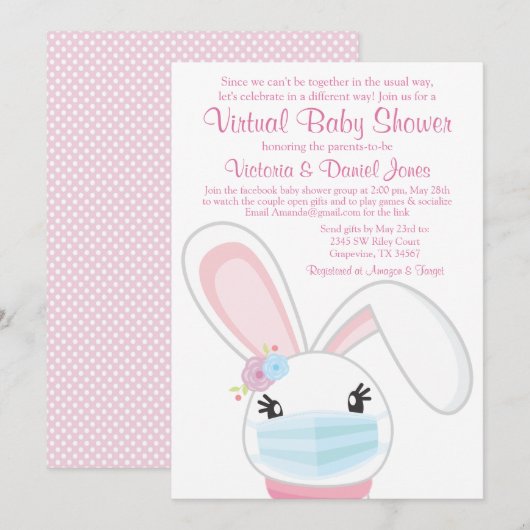 Baby Bunny Mask Girl Virtual Baby shower Kaart (Voorkant / Achterkant)