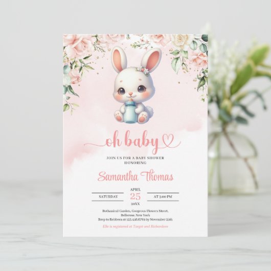 Baby bunny melkfles waterverf blozen kaart (Staand voorkant)