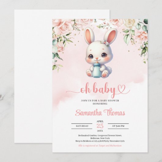 Baby bunny melkfles waterverf blozen kaart (Voorkant / Achterkant)