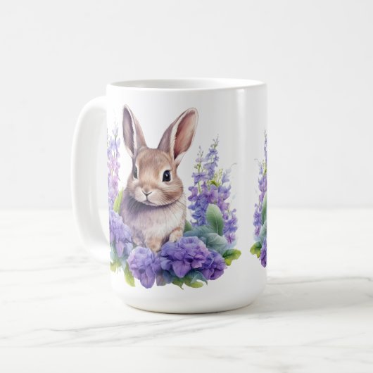Baby bunny met paarse bloemen 15 oz koffie mok (Voorkant links)