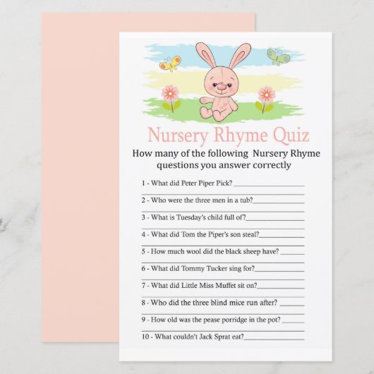 Baby bunny Nursery Rhyme Quiz baby shower game (Voorkant / Achterkant)