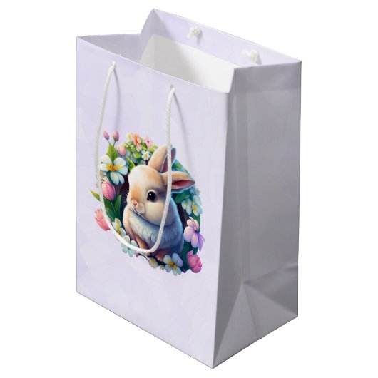 Baby Bunny onder Colorful Spring Flowers Medium Cadeauzakje (Voorkant Gekanteld)