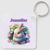 Baby Bunny onder Colorful Spring Flowers Pasen Sleutelhanger (Achterkant)