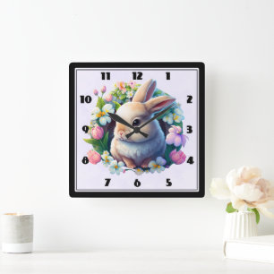 Baby Bunny onder Colorful Spring Flowers Vierkante Klok