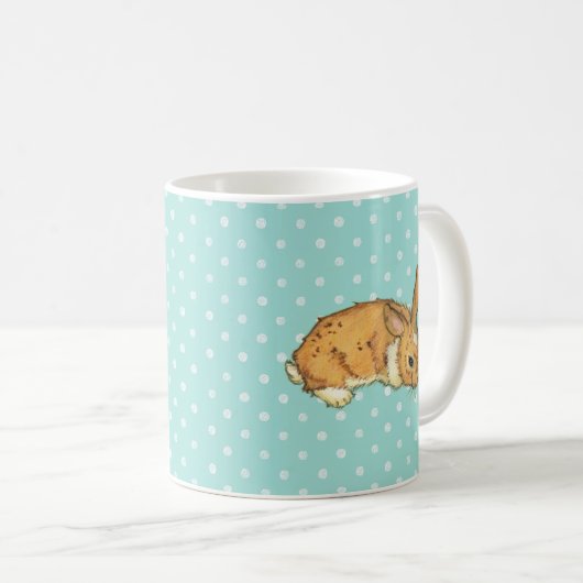 baby bunny over blauwgroen poka dot background koffiemok (Voorkant rechts)