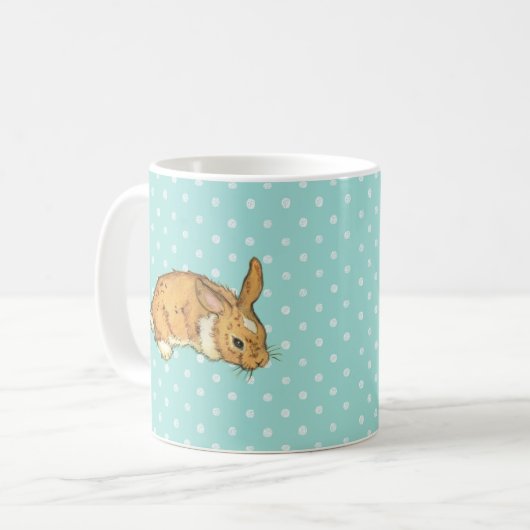 baby bunny over blauwgroen poka dot background koffiemok (Voorkant links)
