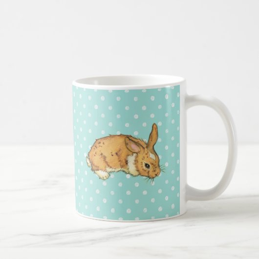 baby bunny over blauwgroen poka dot background koffiemok (Rechts)