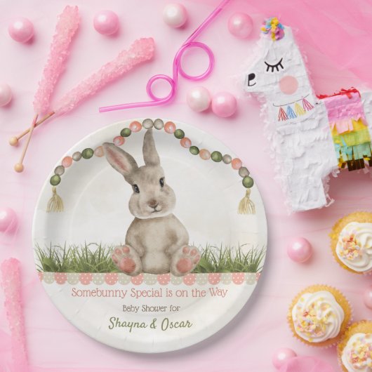 Baby Bunny Peach Ivory Sage Papieren Bordje (Feest)