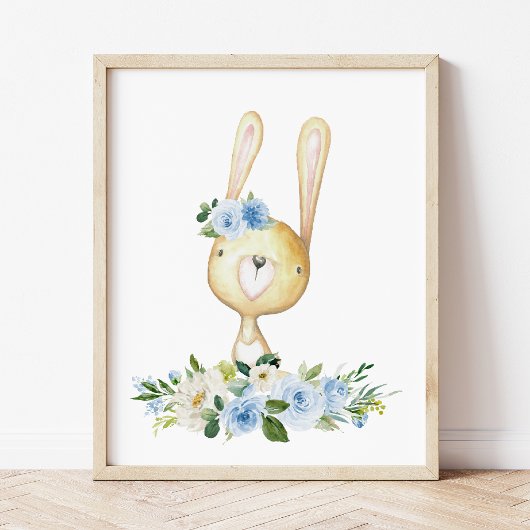 Baby Bunny, Woodland Animals, Boho, Blue Flowers Foto Afdruk
