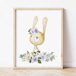 Baby Bunny, Woodland Animals, Boho, Purple Flowers Foto Afdruk