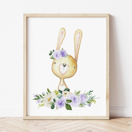 Baby Bunny, Woodland Animals, Boho, Purple Flowers Foto Afdruk