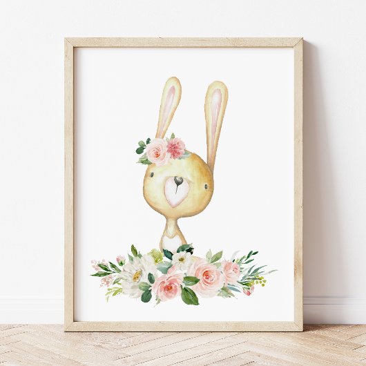 Baby Bunny, Woodland Animals, Boho, Roze Bloemen Foto Afdruk