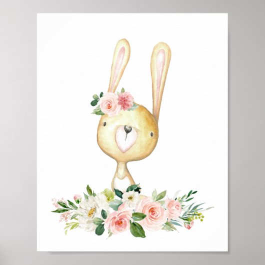 Baby Bunny, Woodland Animals, Boho, Roze Bloemen Poster (Voorkant)