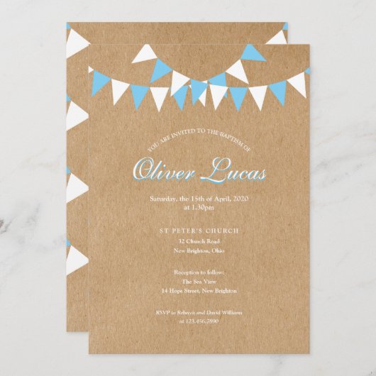 Baby Bunting Blauwe Doop Uitnodiging Rustiek (Voorkant / Achterkant)