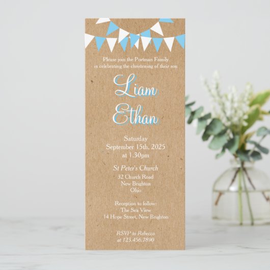 Baby Bunting Blue Baptism Christening Invitation Kaart (Staand voorkant)