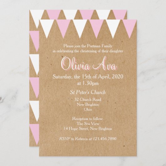 Baby Bunting Roze Doop Uitnodiging doop (Voorkant / Achterkant)