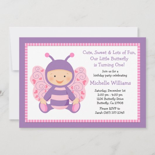 Baby Butterfly Birthday Party Invitation Kaart (Voorkant)