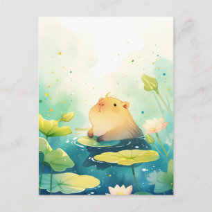 Baby Capybara op Waterlelieblad in Witte Lotusvijv Briefkaart