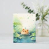 Baby Capybara Peeking Out of Calm Green Lily Pad Briefkaart (Staand voorkant)