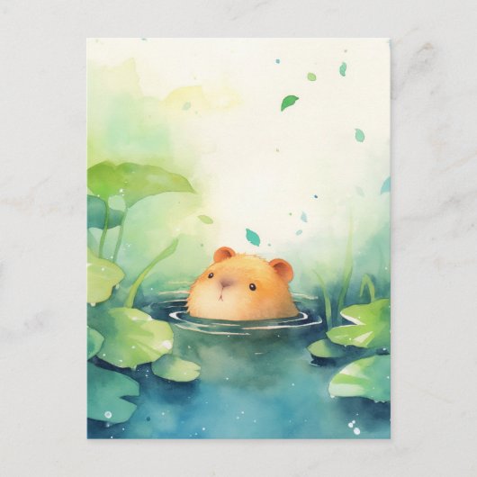 Baby Capybara Peeking Out of Calm Green Lily Pad Briefkaart (Voorkant)