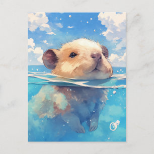 Baby Capybara Zwemt in Diep Blauw Oceaanwater Briefkaart