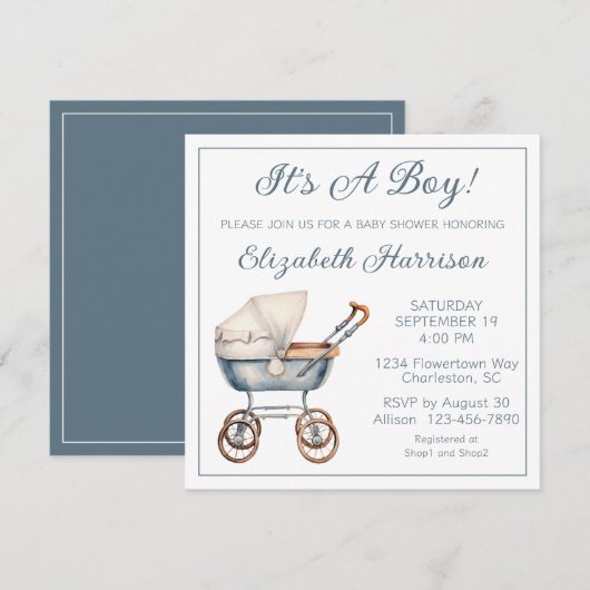 Baby Carriage Baby Boy Shower Uitnodiging (Voorkant / Achterkant)