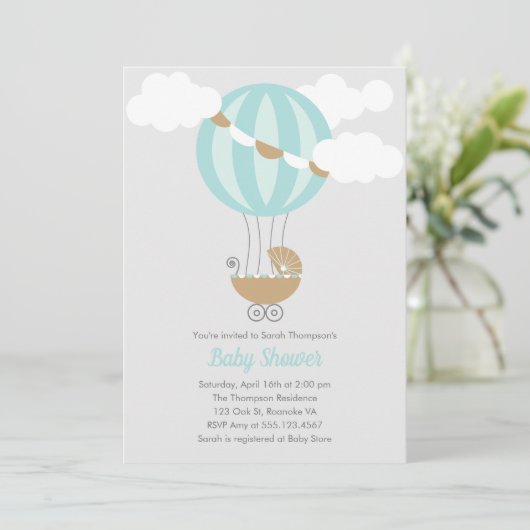 Baby Carriage Ballon Jongen Baby Shower Kaart (Staand voorkant)