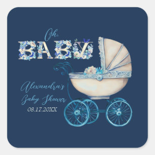 Baby Carriage Boy Baby shower Vierkante Sticker