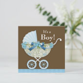 Baby Carriage Brown Blue Baby Boy Shower Kaart (Staand voorkant)
