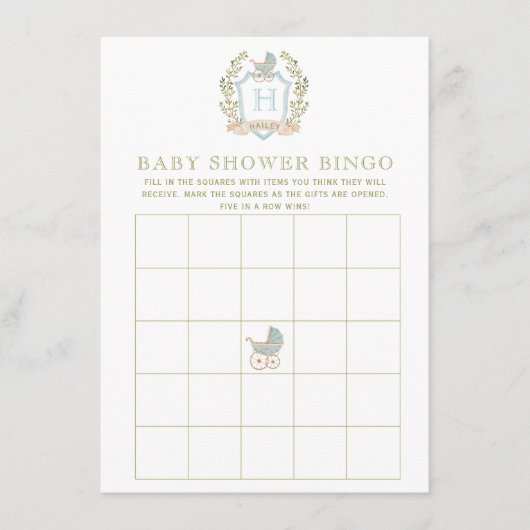 Baby Carriage Crest | Baby shower Bingo Spel Informatiekaartje (Voorkant)