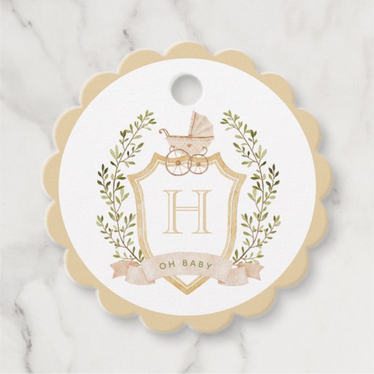 Baby Carriage Crest Monogram | Neutraal Baby showe Bedankjes Labels (Voorkant)