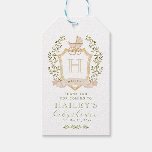 Baby Carriage Crest Monogram | Neutraal Baby showe Cadeaulabel (Voorkant)