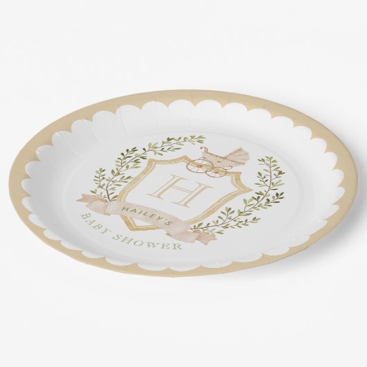 Baby Carriage Crest Monogram | Neutraal Baby showe Papieren Bordje (Gekanteld)
