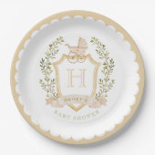 Baby Carriage Crest Monogram | Neutraal Baby showe Papieren Bordje (Voorkant)