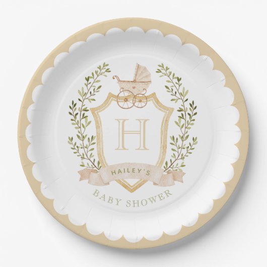 Baby Carriage Crest Monogram | Neutraal Baby showe Papieren Bordje (Voorkant)