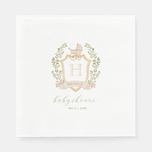 Baby Carriage Crest Monogram | Neutraal Baby showe Servet (Voorkant)