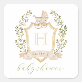 Baby Carriage Crest Monogram | Neutraal Baby showe Vierkante Sticker