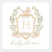 Baby Carriage Crest Monogram | Neutraal Baby showe Vierkante Sticker (Voorkant)