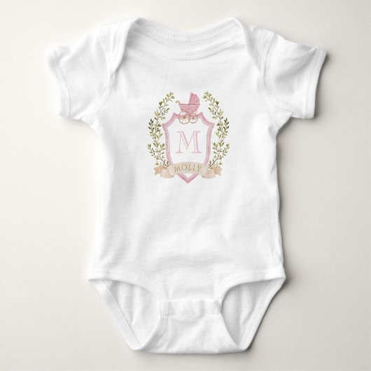Baby Carriage Crest Monogram | Pink Baby Shower Romper (Voorkant)