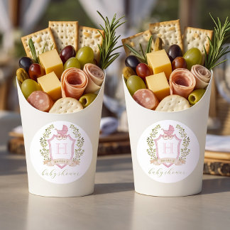 Baby Carriage Crest Monogram | Pink Baby Shower Ronde Sticker