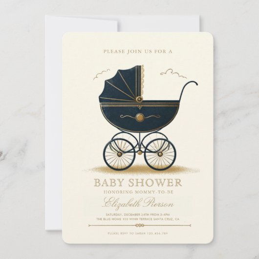  Baby Carriage Elegant Navy Baby shower Kaart (Voorkant)