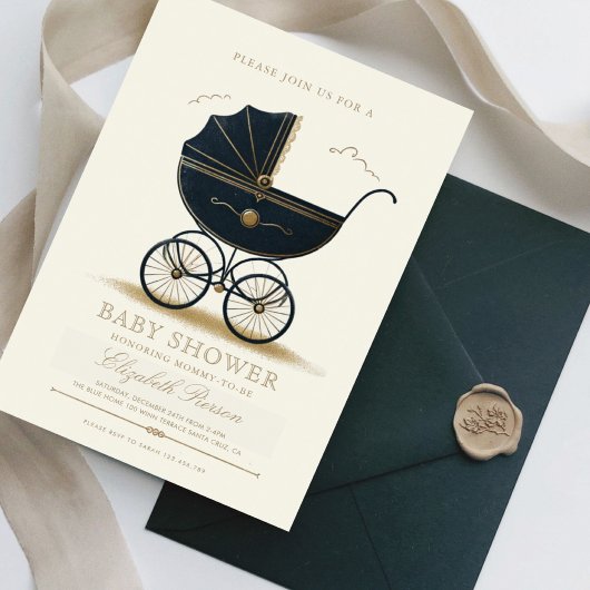  Baby Carriage Elegant Navy Baby shower Kaart