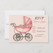 Baby Carriage Girls Baby shower RSVP-kaart